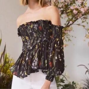 Alexis Asymmetrical Off The Shoulder Silk Smocked Black w/ Floral Print Blouse M
